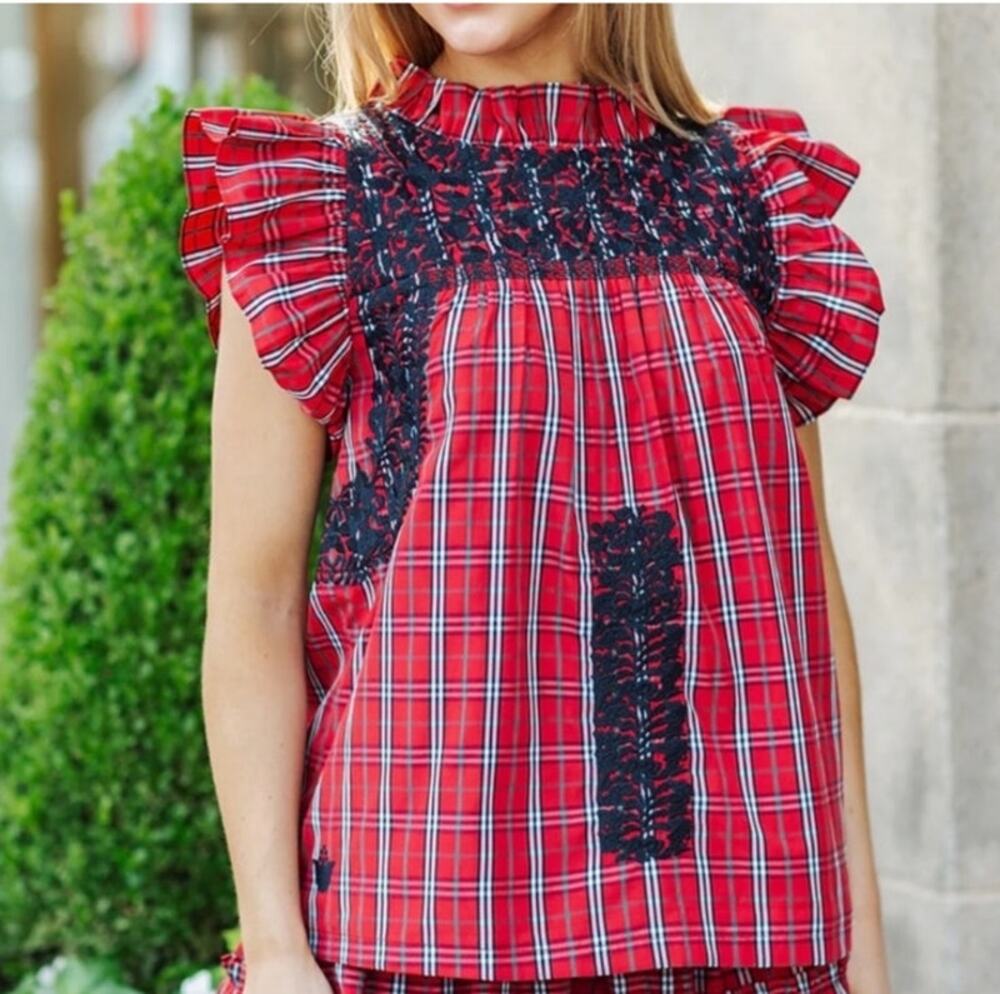 J. Marie Rayna Embroidered Ruffle Plaid Top Small Red Cottage Preppy